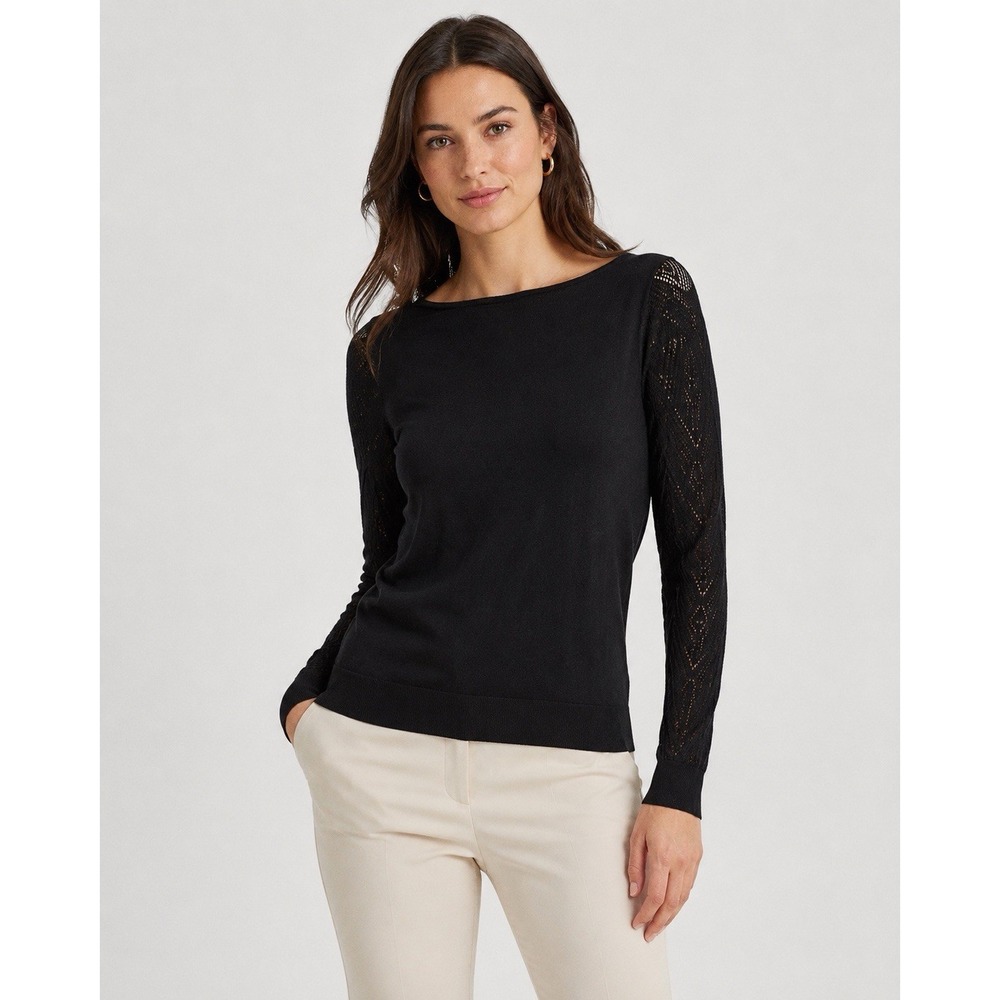Lauren Ralph Lauren Black Pointelle Sleeve Lightweight Sweater Large Classic